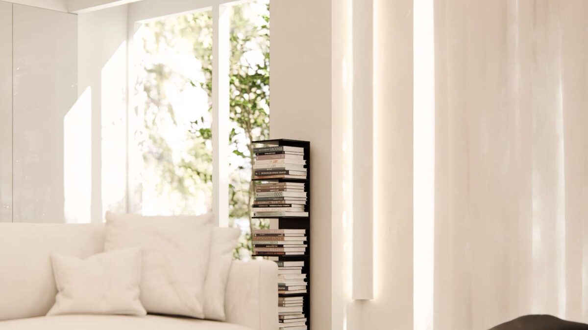 Composizione luminosa con Veletta® VA151R installata sia in verticale che in orizzontale, luce diffusa che valorizza le pareti di un soggiorno elegante.