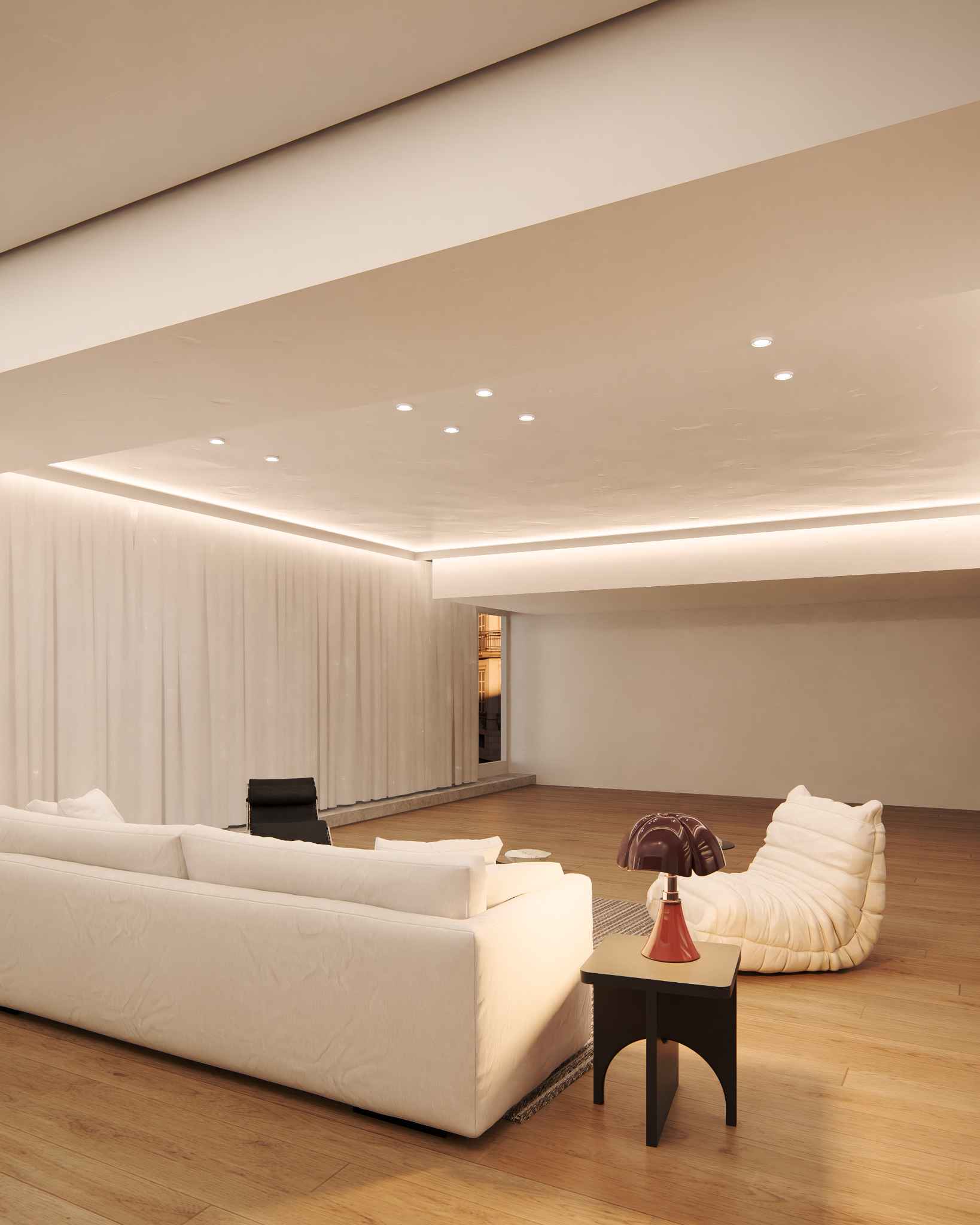 Illuminazione indiretta con Veletta® VA151R a soffitto in un ampio soggiorno moderno