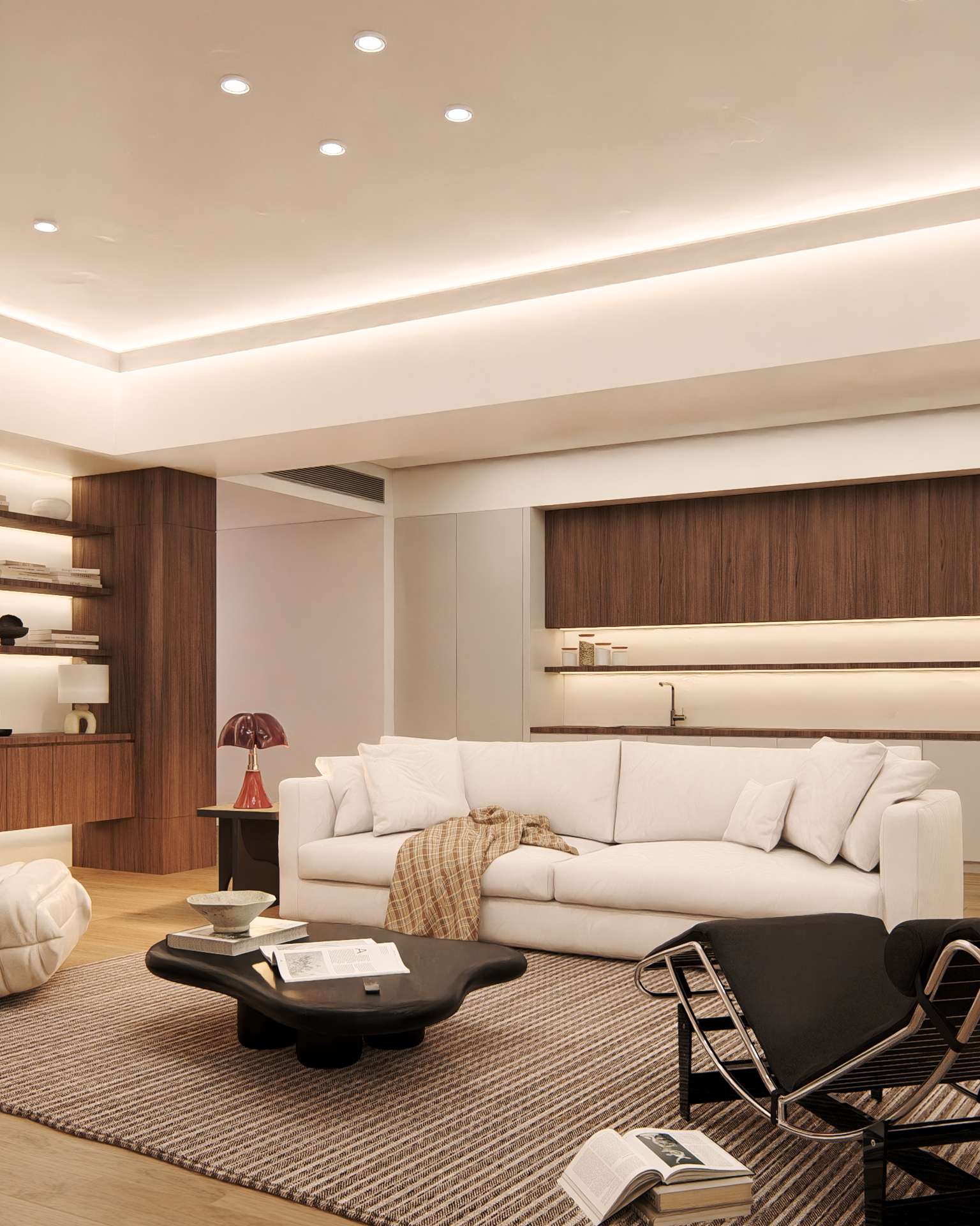 Soggiorno elegante con Veletta® VA151R a soffitto, illuminazione indiretta biemissione su parete e soffitto