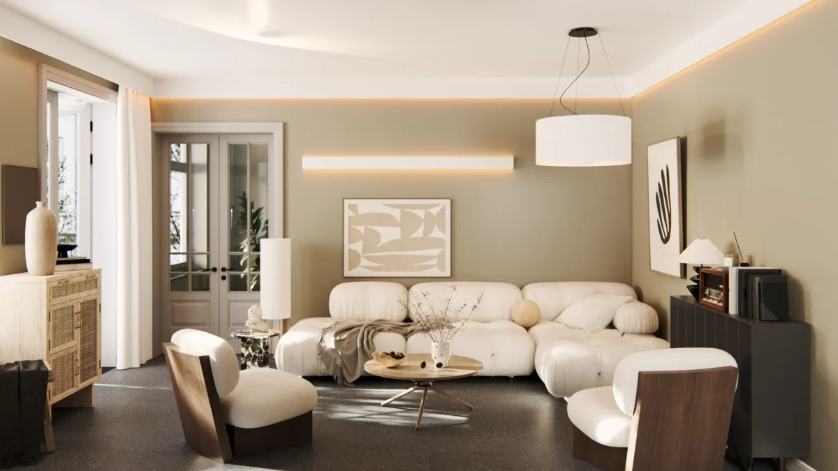 Soggiorno moderno con illuminazione LED integrata tramite Veletta® VE101 e VE101-XL