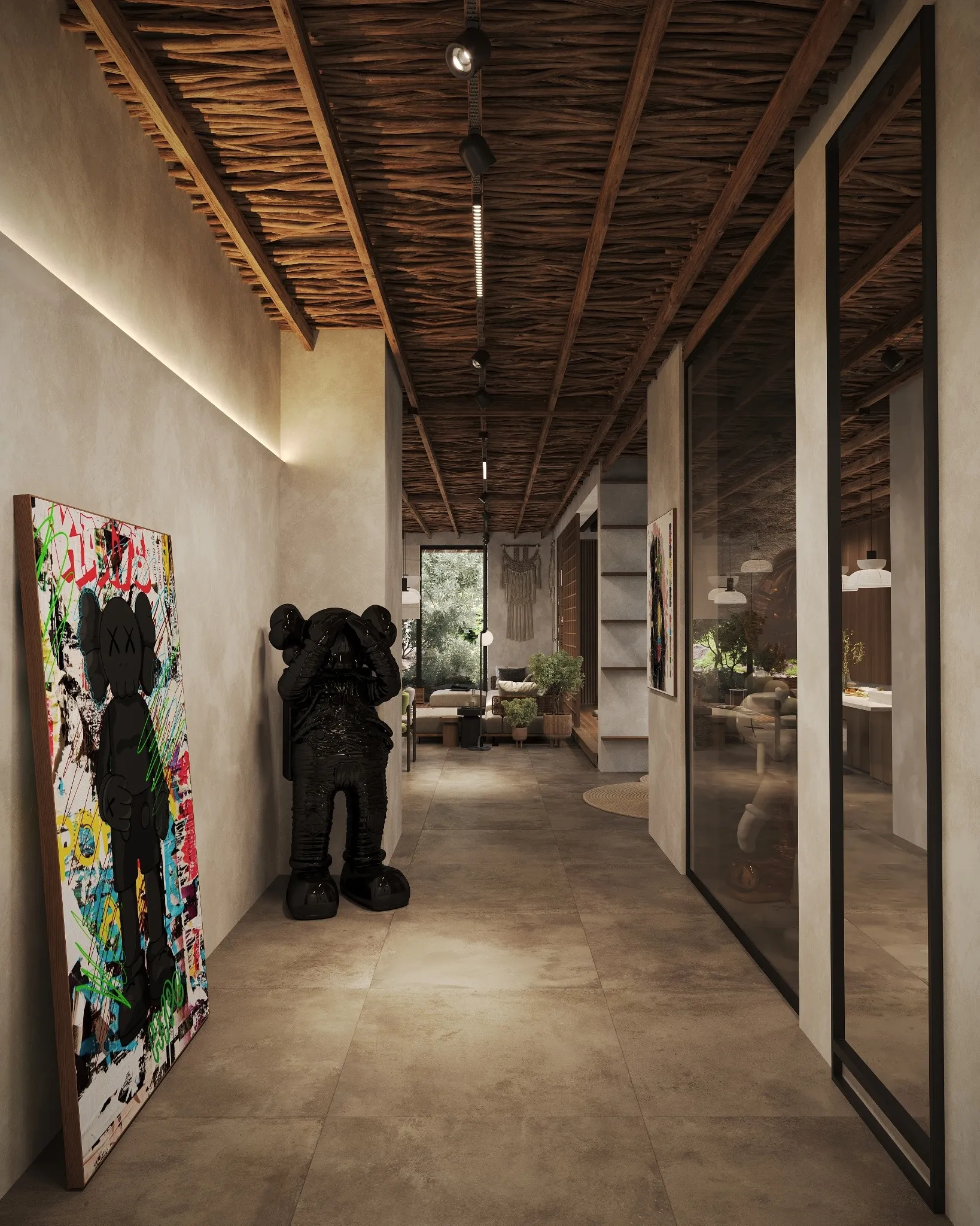 Corridoio con veletta VI405 a parete e luce diffusa indiretta sotto travi in legno